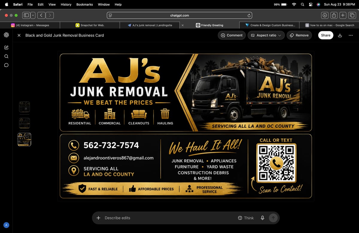 AJ's black junk removal truck with gold accents parked in front of a Los Angeles skyline